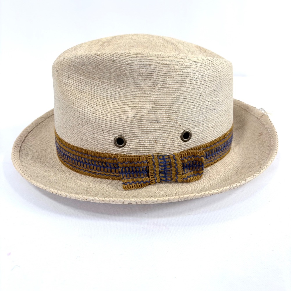La Mexicana Fedora Hat Tan Straw Palm Leaf Woven Blue Gold Band US 6 3/4 Mex  54